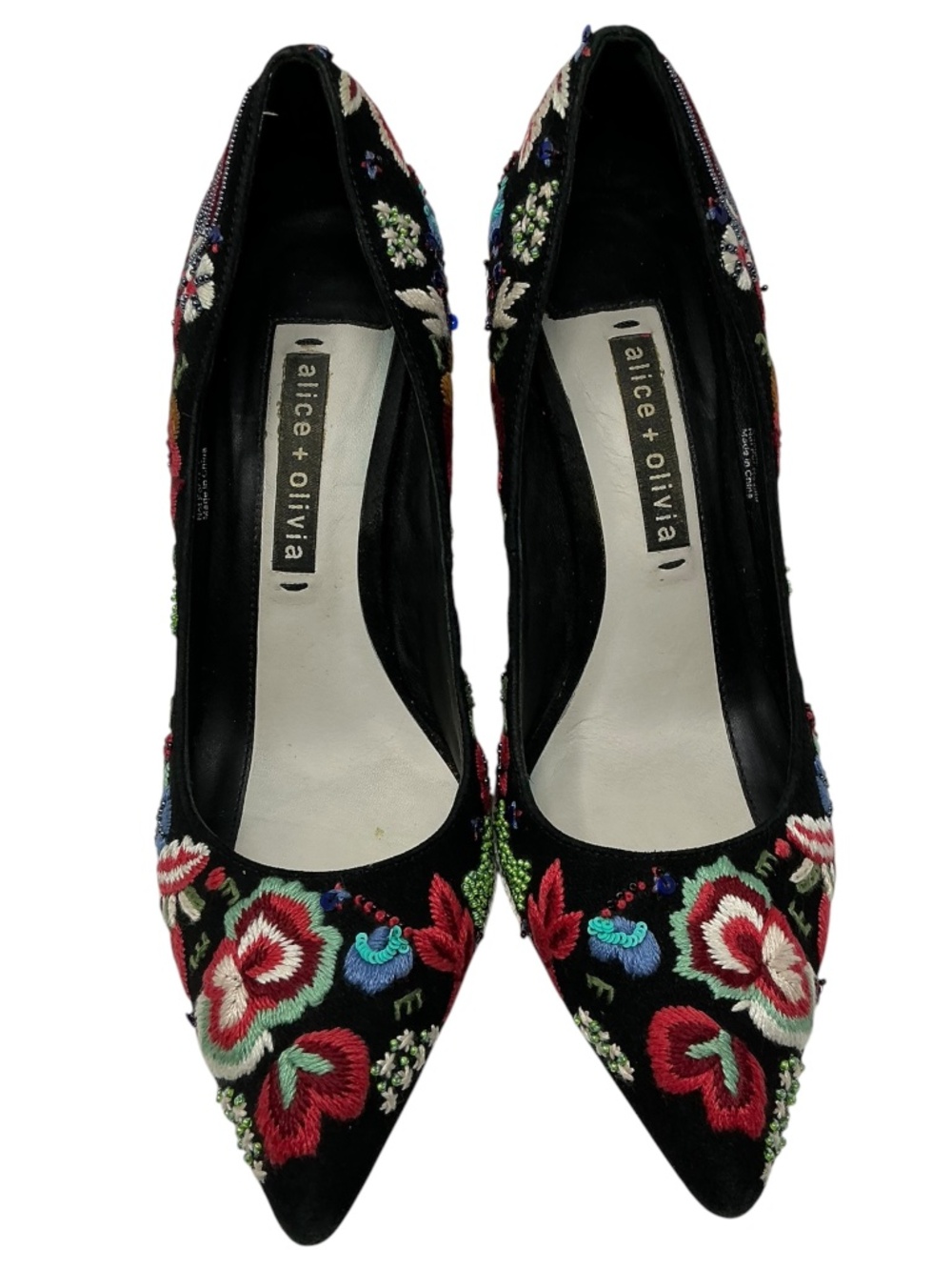 Alice + Olivia Embroidered Beaded Velvet Floral Pointed Toe Pumps Size 7 - Picture 3 of 16